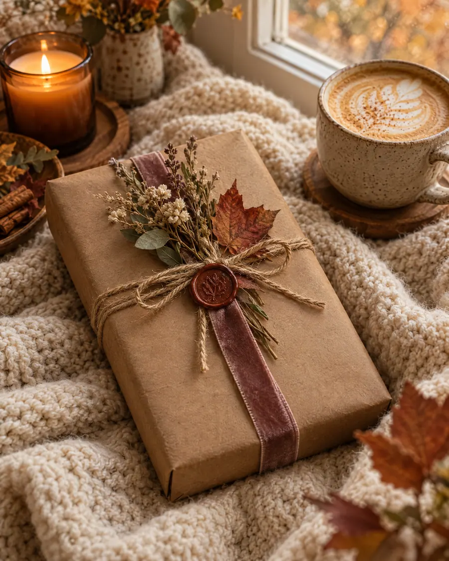 Livro embrulhado em papel kraft com barbante, fita de veludo e selo de cera, ao lado de um latte